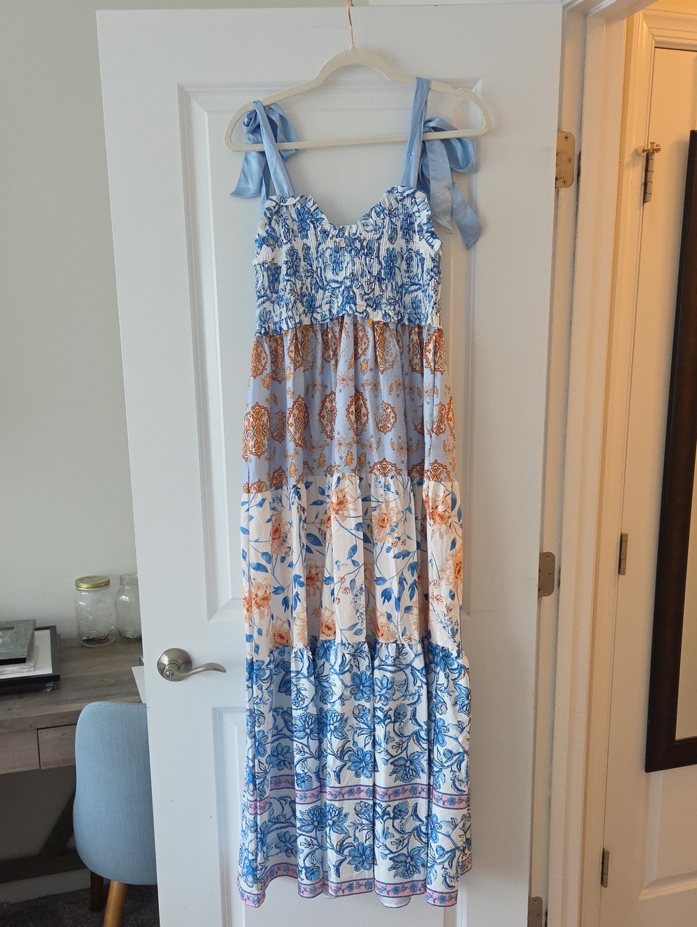 Blue & White Floral Tiered Maxi Dress with Orange Accents
